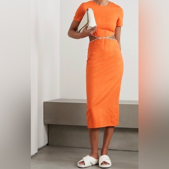 STAUD Matteo cutout linen midi dress in orange size L - Picture 1 of 13